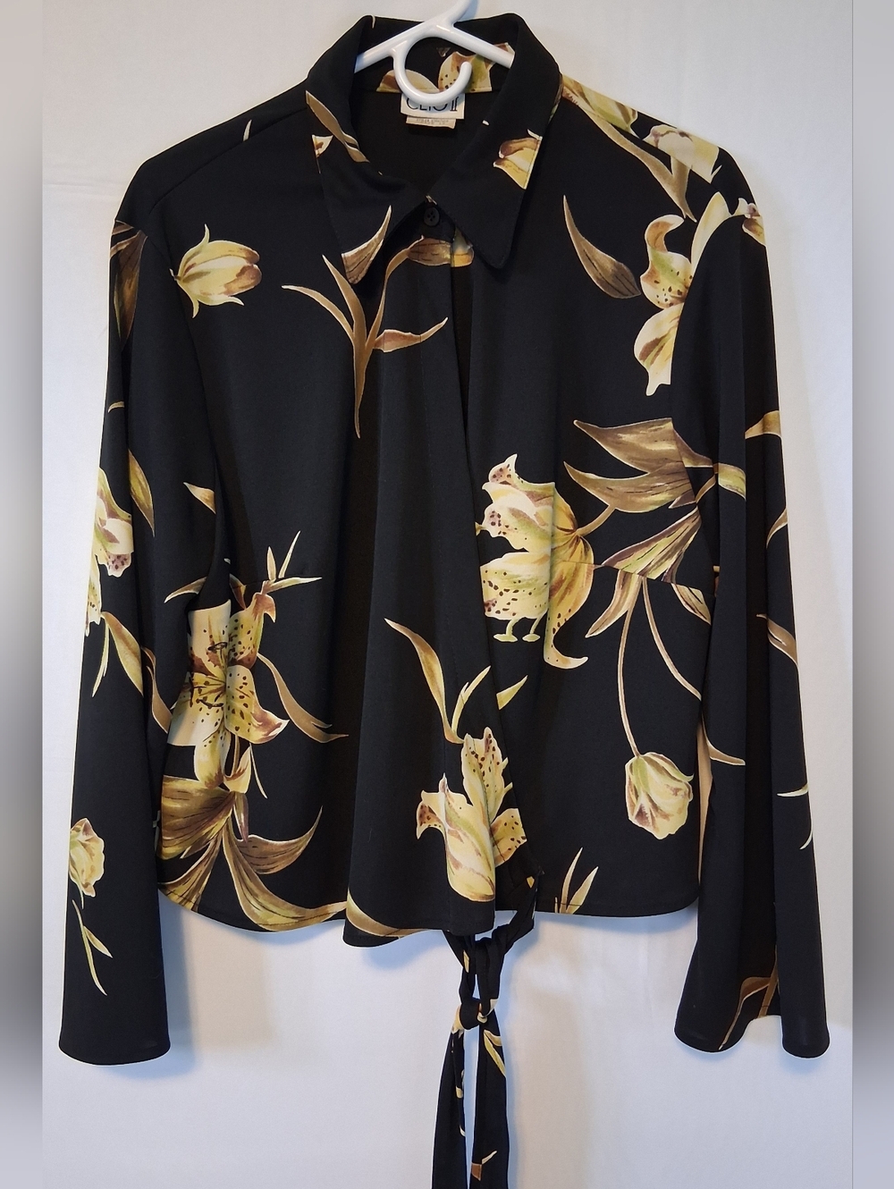 Clio II 1X Vintage Black Floral Tie Front Blouse Jacket Made USA Plus Size Flowy